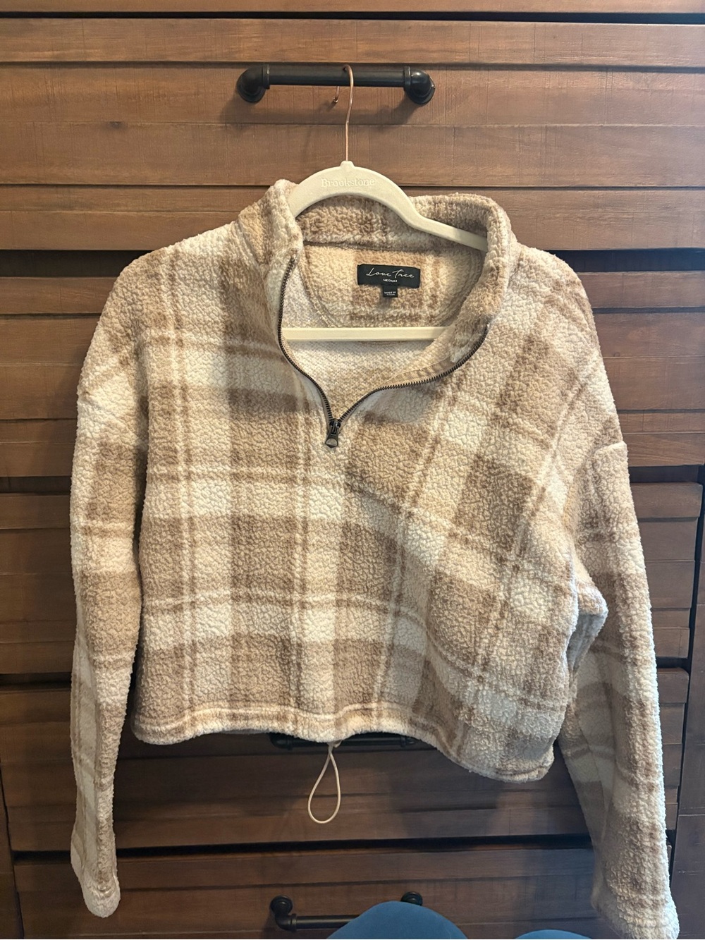 Brookstone Cream & Tan Plaid Sherpa Quarter-Zip Pullover